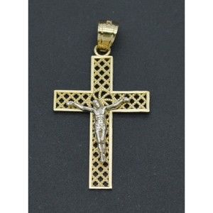 Real Solid 10K Yellow White Gold Shiny Jesus Cross Diamond Cut Pendant 1.3gr
